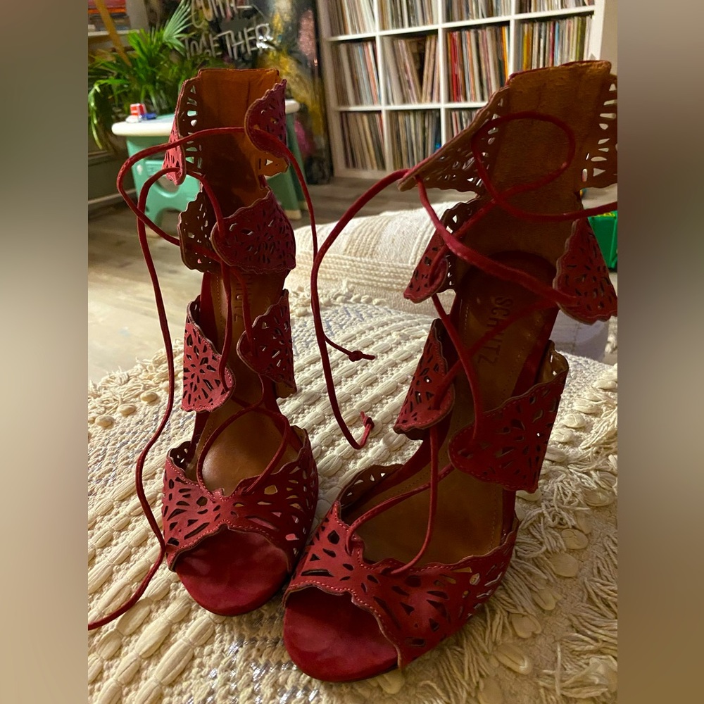 Schutz maroon suede lace up lazercut heeled sandals. Brand new. Size 9. Size 40